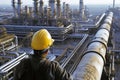 worker in hard hat overlooking vast refinery pipes