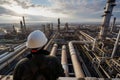 worker in hard hat overlooking vast refinery pipes