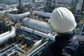 worker in hard hat overlooking vast refinery pipes