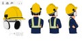 worker with helmet and earmuffs on white background