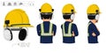 worker with helmet and earmuffs on white background