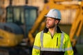 Worker in helmet on site construction. Man excavator bulldozer worker. Construction driver worker with excavator on the