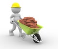 Worker with helmet and wheelbarrow