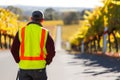 worker in hivis vest waiting at a stop, vineyard in the distance