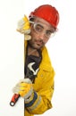 Worker holding blank poster Royalty Free Stock Photo