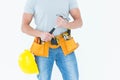 Worker holding hammer over white background Royalty Free Stock Photo