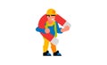 A worker holding a large magnet. Builder and magnet. Smile, happy, strength, attraction, power. Vector illustration