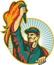 Worker Holding Up Flaming Torch Circle Retro