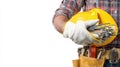 The worker holding a yellow hardhat and electrical wires in his hands..AI generated image Royalty Free Stock Photo