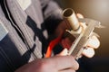 Plumber measures the diameter of the pipe with a caliper tap for plumbing