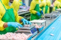 Worker in hygene uiform weighing fresh raw chicken meat