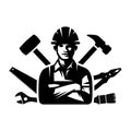 The worker icon. Jack of all trades. A black silhouette of a man in a construction helmet surrounded by construction tools. Royalty Free Stock Photo