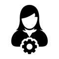 Worker icon vector female person profile avatar with gear cogwheel for settings and configuration in flat color glyph pictogram Royalty Free Stock Photo