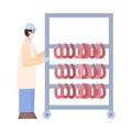 Worker industrial meat factory engaged production ready-made sausage products