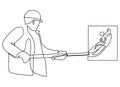 A worker insert a coal inside the engine. Continuous line drawing. Vector illustration.
