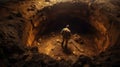 Worker inside a large hole digging with a shovel