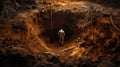 Worker inside a large hole digging with a shovel