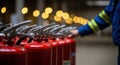 Worker inspecting aligned fire extinguishers Royalty Free Stock Photo