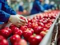 Worker inspecting fresh red apples on a conveyor belt during quality control process in a busy fruit packing facility with team Royalty Free Stock Photo