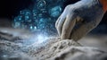 Worker inspecting pulverized material with digital interface displaying data analysis Royalty Free Stock Photo