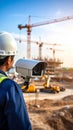 Worker Inspecting Security Camera at Construction Site with Cranes and Excavators Royalty Free Stock Photo