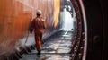 A worker inspects the tailpipe of a container ship where a scrubber system has been installed to remove harmful