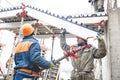 Worker installing falsework construction Royalty Free Stock Photo