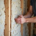 Worker installing insulation in home wall. Construction worker installs thermal insulation for energy efficiency. Insulation Royalty Free Stock Photo