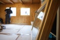 Worker installing new wooden windows Royalty Free Stock Photo