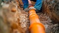 Worker Installing Underground Pipeline. AI generated Royalty Free Stock Photo