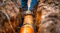 Worker Installing Underground Pipeline. AI generated Royalty Free Stock Photo