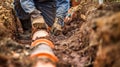 Worker Installing Underground Pipeline. AI generated Royalty Free Stock Photo