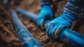 Worker installing underground water pipe with protective gloves Royalty Free Stock Photo