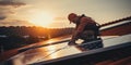 A worker installs solar cells. Generated by AI