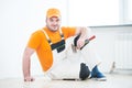 Worker jcontractor portrait at wooden parquet flooring Royalty Free Stock Photo