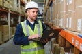 Worker with laptop computer in mail order warehouse Royalty Free Stock Photo