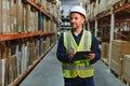 Worker with laptop computer in mail order warehouse Royalty Free Stock Photo