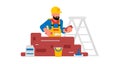 Worker laying bricks. Builder and brickwork. A bag of cement, a spatula, a bucket, a stepladder. Vector illustration Royalty Free Stock Photo