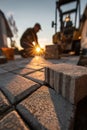 Worker laying paving stones at sunset with excavator in background Royalty Free Stock Photo