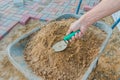 Worker laying red and gray concrete paving blocks. Road Paving, construction Royalty Free Stock Photo