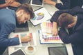 Worker lazy person sleep exhausted with tired meeting. Diversity group of business people sleeping in conference room after Royalty Free Stock Photo