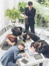 Worker lazy person sleep exhausted with tired meeting. Diversity group of business people sleeping in conference room after