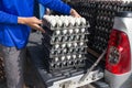 Worker life sort egg panel in wholesale market on truck Royalty Free Stock Photo