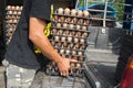 Worker life sort egg panel in wholesale market on truck Royalty Free Stock Photo