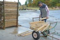 Worker lifting strips wood from trolley Royalty Free Stock Photo