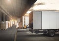 Worker Loading Package Boxes on Pallets into Cargo Container. Trucks Parked Loading at Dock Warehouse. Delivery Service. Logistics