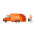 Worker loading rubbish bag into garbage collector truck, waste recycling Royalty Free Stock Photo