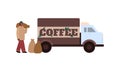 Worker loads bags with coffee into truck, cartoon vector illustration isolated.