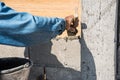 worker make concrete wall by cement block and plaster at construc Royalty Free Stock Photo