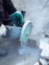worker making a gray brick wall on a construction Royalty Free Stock Photo